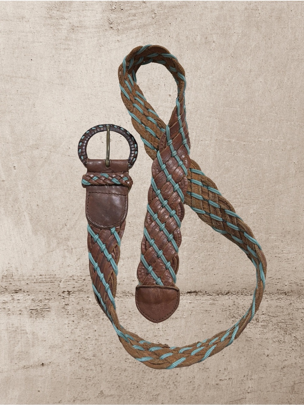 Hollister Vintage Y2K Brown Genuine Leather Braided Belt Turquoise XS/S Boho